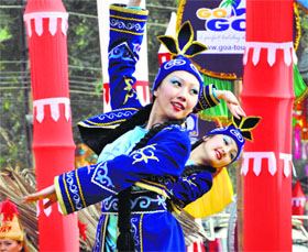 Kyrgyzstan artistes perform at the inauguration of the Surajkund International Crafts Mela on Saturday.
