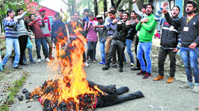 ABVP activists burn effigies of CM Virbhadra Singh and Principal RP Chopra on the Government College campus in Dharamsala on Saturday.