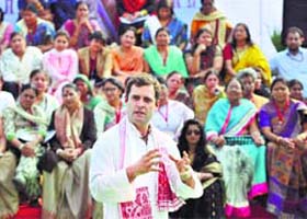Congress vice-president Rahul Gandhi recently interacted with women workers to seek their opinion on the party manifesto for the Lok Sabha elections 2014, in Bhopal