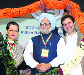 Congress president Sonia Gandhi, PM Manmohan Singh and Rahul Gandhi during the recent All India Congress Committee meeting in New Delhi