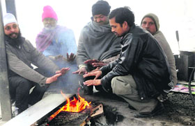 People sit around a bonfire to keep themselves warm in the biting cold in Amritsar on Sunday.