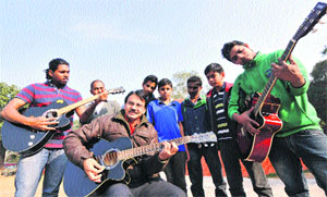 Students of Theatre Age Group during a musical workshop at Government High School, Sector 24, in Chandigarh on Sunday