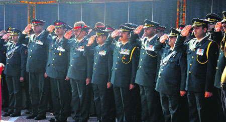 Army officers pay tribute to martyrs at Chandigarh War Memorial in Bougainvillea Garden, Sector 3, Chandigarh