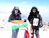 Tashi and Nungshi, twin sisters from Dehradun, on Mount Aconcagua in South America
