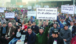 Traders of fruit and vegetables market shout slogans durng the strike at Azadpur Subzi Mandi in North Delhi on Monday. tribune Photo