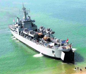 Naval warship INS Airavat, an amphibious one and used to land troops close to the shore, suffered damage to its propellers while entering a harbour on January 30