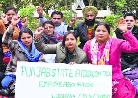 Employees of the TB wing of the Health Department shout slogans in Ludhiana on Monday