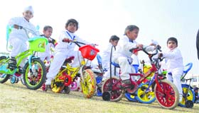 Students participate in a cycle race during the annual athletics meet at BCM Arya Model Senior Secondary School, Shastri Nagar, Ludhiana