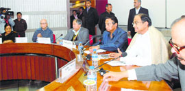 (From right) Union Finance Minister P Chidambaram and Parliamentary Affairs Minister Kamal Nath with others at the All-Party Meet in New Delhi on Monday.