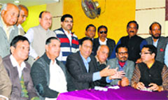 Congress Secretary Ashwani Sekhri (third from left) talking to the media in Ludhiana on Monday. Tribune photo: Inderjeet Verma