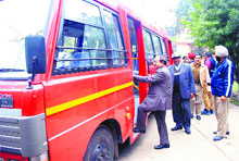 City Mayor Bakshi Ram Arora boards a city bus along with officials to take a ride and detect shorcomings on route no. 1 in Amritsar.