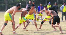A kabaddi match in progress on the Panjab University campus in Chandigarh on Tuesday.