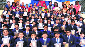 Students and teachers of Manav Mangal High School, Sector 21, Chandigarh, who were awarded on the schools Annual Appreciation Day.