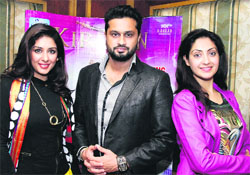 The cast and crew of the upcoming Punjabi film 'Kirpaan' during a promotional function in Jalandhar on Tuesday. Photo: Sarabjit Singh