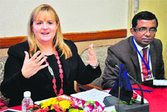 Katherine Ellis, director, youth affairs, Commonwealth and Aminul Islam Khan, acting director, Commonwealth Youth Program, Asia, address delegates during the seminar of Commonwealth Youth Programin Chandigarh on Wednesday. tribune photo: parvesh chauhan