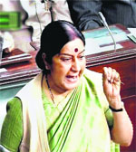 Leader of Opposition Sushma Swaraj speaks in the Lok Sabha in New Delhi on Wednesday