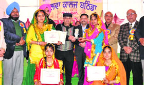 Winners of various competitions being felicitated at the inter-school Kala Mela held at Malwa College in Bathinda on Thursday.