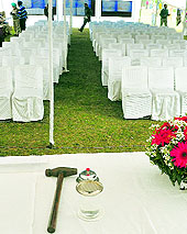 Empty chairs at the venue for the auction at Sector 9 in Chandigarh