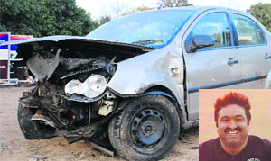 The mangled remains of the car that met with an accident; and (inset) victim Deepak Alagh