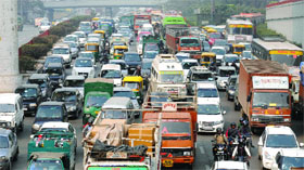 A traffic jam at Dhaula Kuan after a truck overturns on NH-8 Mahipalpur in New Delhi on Thursday.