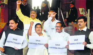 TDP MPs protest against bifurcation of Andhra Pradesh in New Delhi on Thursday.
