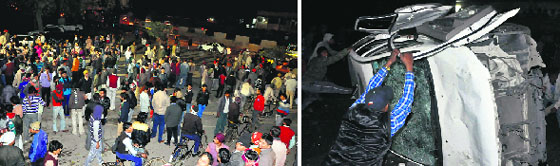 Protesters gather at a vacant plot in Ludhiana on Thursday; and (right) a vehicle belonging to the assailants being damaged. Tribune photographs
