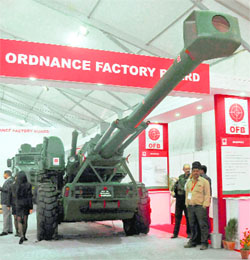 A 155mm OFB gun on display at the Defexpo India in New Delhi on Thursday.