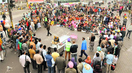 Protesting teachers continue their stir outside the bus stand in Bathinda on Friday.