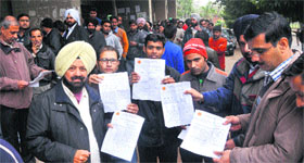 Residents show their documents of high security number plates at the RLA office, Sector 42, Chandigarh, on Friday.