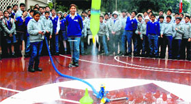 Students demonstrate the launch of a rocket during the Aerospace and Science Discovery Camp organised at The Gurukul in Sector 20, Panchkula, on Friday.