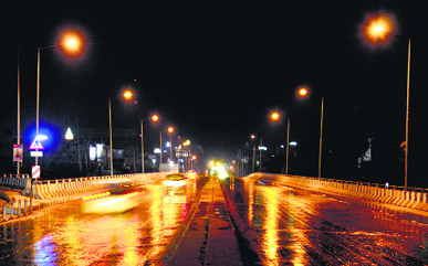 The bus stand flyover after a drizzle in Jalandhar on Thursday night.