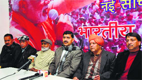 BJP state president Jugal Kishore Sharma addresses mediapersons in Jammu on Friday.