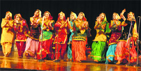 Students perform during the 101st Indian Science Congress at Jammu University on Friday.