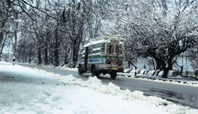 a bus plies in Srinagar even after heavy snowfall