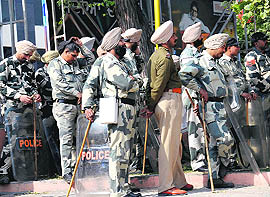 Police personnel deployed near the site of protest by the mid-day meal workers in Bathinda