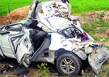 The mangled remains of the Swift car after it met with an accident near Gohana in Sonepat on Saturday