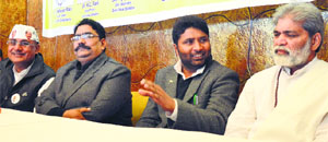 AAP Delhi MLA Vishesh Ravi (second from right) during a press conference in Ludhiana. 