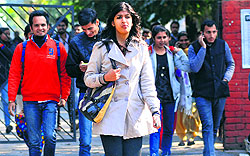 Candidates come out of an examination centre at Government Model School, Sector 22, after appearing for the Combined Defence Services Examination in Chandigarh on Sunday