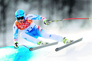 Matthias Mayer competes during the alpine skiing downhill event.