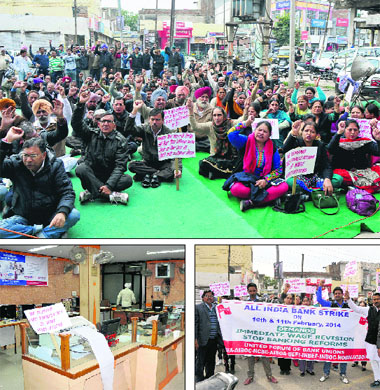 (Clockwise from top) Bank employees stage a dharna (top); employees stage a demonstration on a road in Bathinda on Monday; bank services were affected with offices wearing a deserted look.