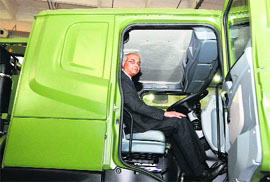 Ashok Leyland vice-chairman V.Sumantran seated inside a Super Stallion (6x6) at the Defence Expo 2014 in New Delhi.