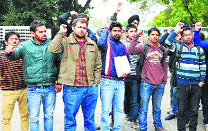 Students raise their voice against the proposed fee hike outside the Vice-Chancellors office at Panjab University, Chandigarh, on Monday.