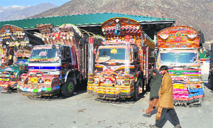 Trucks from Pakistan-occupied Kashmir at the Salamabad trade facilitation centre in Uri. 