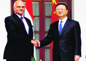 WARM TIES: National Security Advisor Shiv Shankar Menon with Chinese State Councillor Yang Jiechi at Hyderabad House in New Delhi on Monday