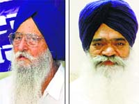 SAD stalwart Ranjeet Singh Brahmpura (left) and sitting party MP Rattan Singh Ajnala