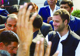 Congress vice-president Rahul Gandhi meets civil services aspirants who arrived at AICC headquarters to thank him for government's decision to allow two more attempts for appearing in the CSE, in New Delhi on Tuesday.