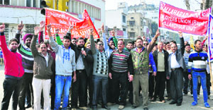 Members of the United Forum of Bank Union hold a protest in Jalandhar on Tuesday.