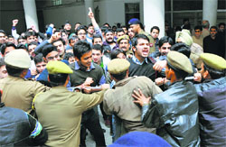 MBBS students scuffle with the police during a protest in Jammu on Tuesday. Tribune photo: Inderjeet Singh 