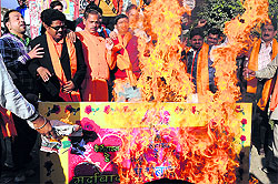 Activists of the Shiv Sena (Samajwadi) burn Valentines Day greeting cards during their protest against the celebration in Amritsar on Wednesday