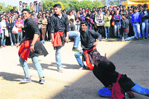 Artistes of the Osmium group perform a play, Kya Fark Padta Hai, at the South Campus of Panjab University in Chandigarh on Wednesday. 
